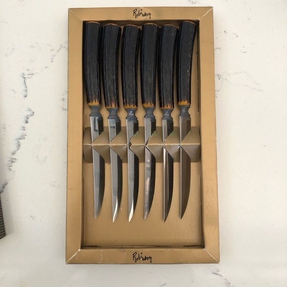 Robinson Steak Knife Set (6) in Original Box VTG-Hollow Antler Style Handles - Picture 4 of 7